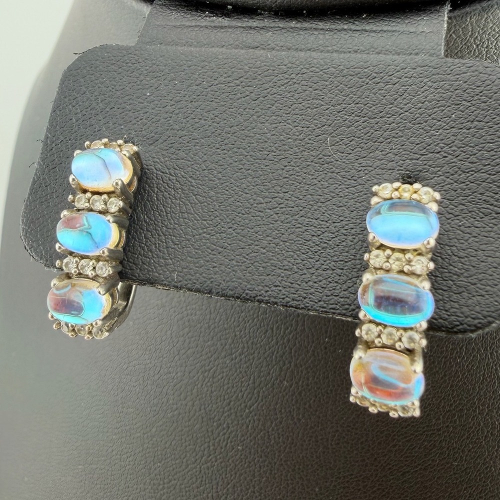 925 Sterling Silver Moonstone CZ Triple Stone Huggie Hoop Earrings
